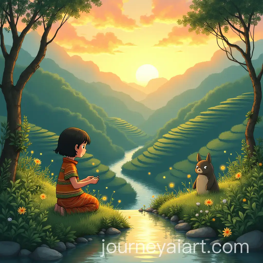 Colombian-Valley-Sunrise-with-Girl-Gathering-Herbs-and-Forest-Spirit