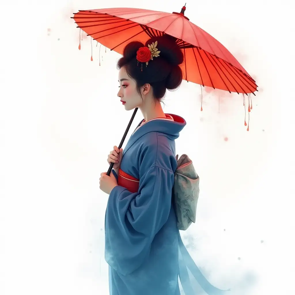 Geisha-in-Profile-with-Red-Umbrella-in-Watercolor-Style