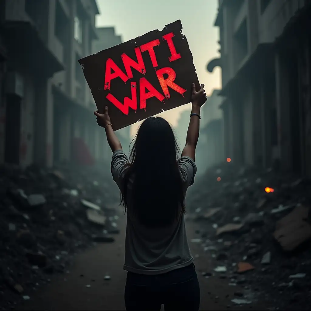 A dramatic, high-contrast photograph of a person (with turned away) holding a protest sign or banner with a bold, anti-war message. The sign should be torn, worn, and partially burned to convey a sense of urgency and desperation. Background: A dark, gritty, urban landscape with hints of destruction, decay, or neglect. This could include abandoned buildings, rubble, or barbed wire. Color scheme: A muted palette with shades of gray, black, and dark red to evoke a sense of somberness, anger, and urgency. Accents of bright color (e.g., from the protest sign or a flare) could add a sense of energy and defiance. Composition: The person holding the sign could be positioned in the center of the frame, with the dark background looming behind them. The sign or banner could be angled or torn to create a sense of dynamic tension. Overall, the image should convey a sense of resistance, defiance, and urgency, while also highlighting the devastating consequences of war and militarism.