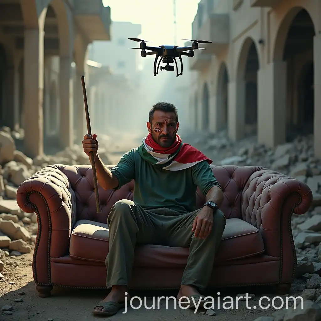 Wounded-Warrior-Defiantly-Confronting-Drone-in-a-Ruined-House