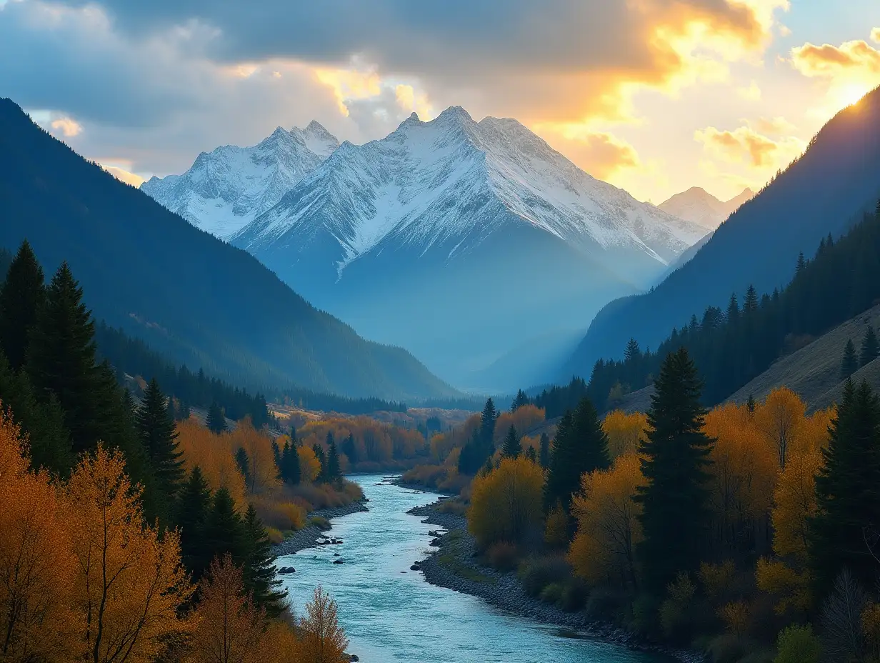 Colorful landscape with high Himalayan mountains, beautiful curving river, green forest, blue sky with clouds and yellow sunlight at sunset in autumn in Nepal. Mountain valley. Travel in Himalayas