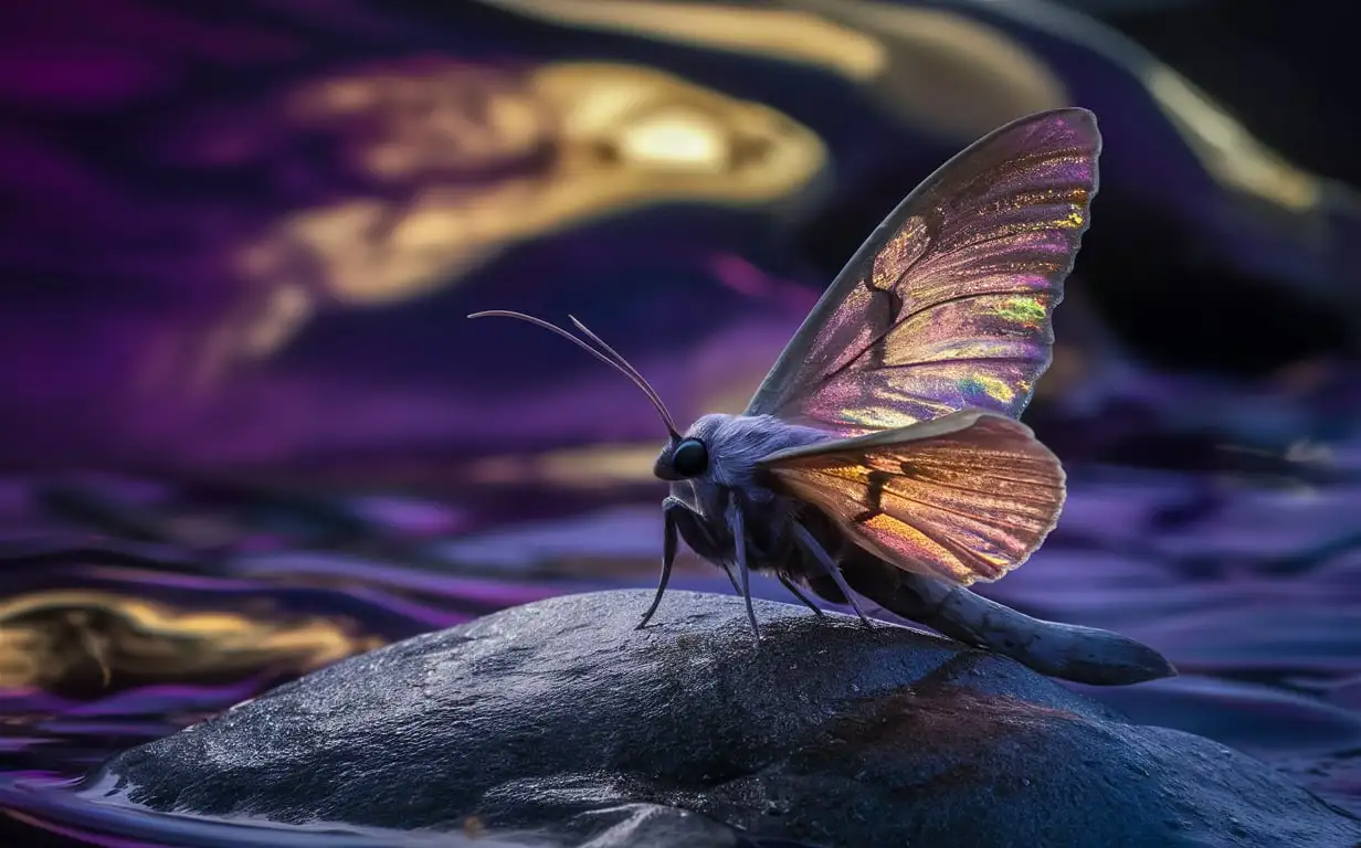 Macro-Photography-of-Sparkly-Luna-Moth-with-Opal-Iridescent-Wings-on-Wet-Rock