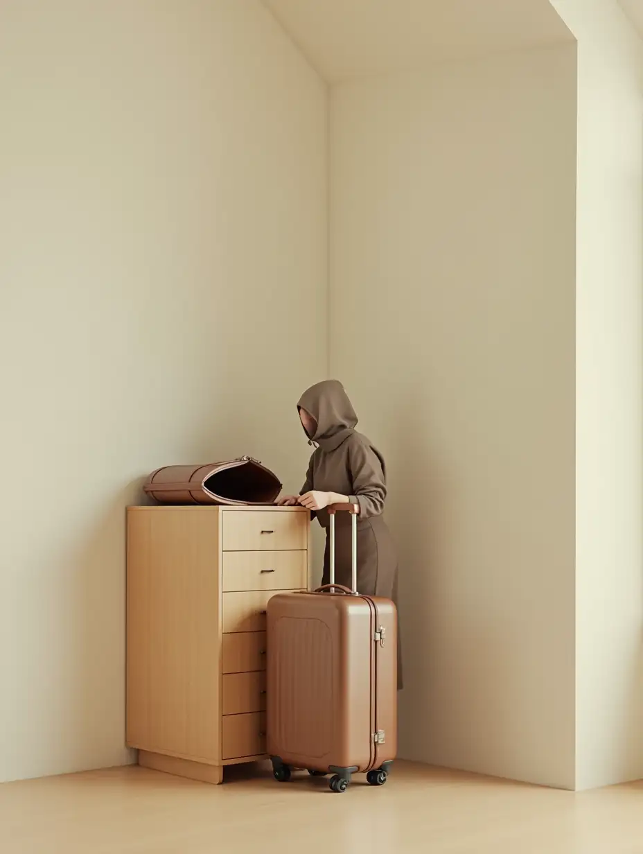 Surreal Interior Woman Preparing for Travel with Suitcase