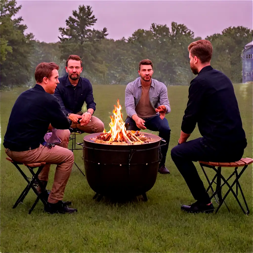 Four men around firepit