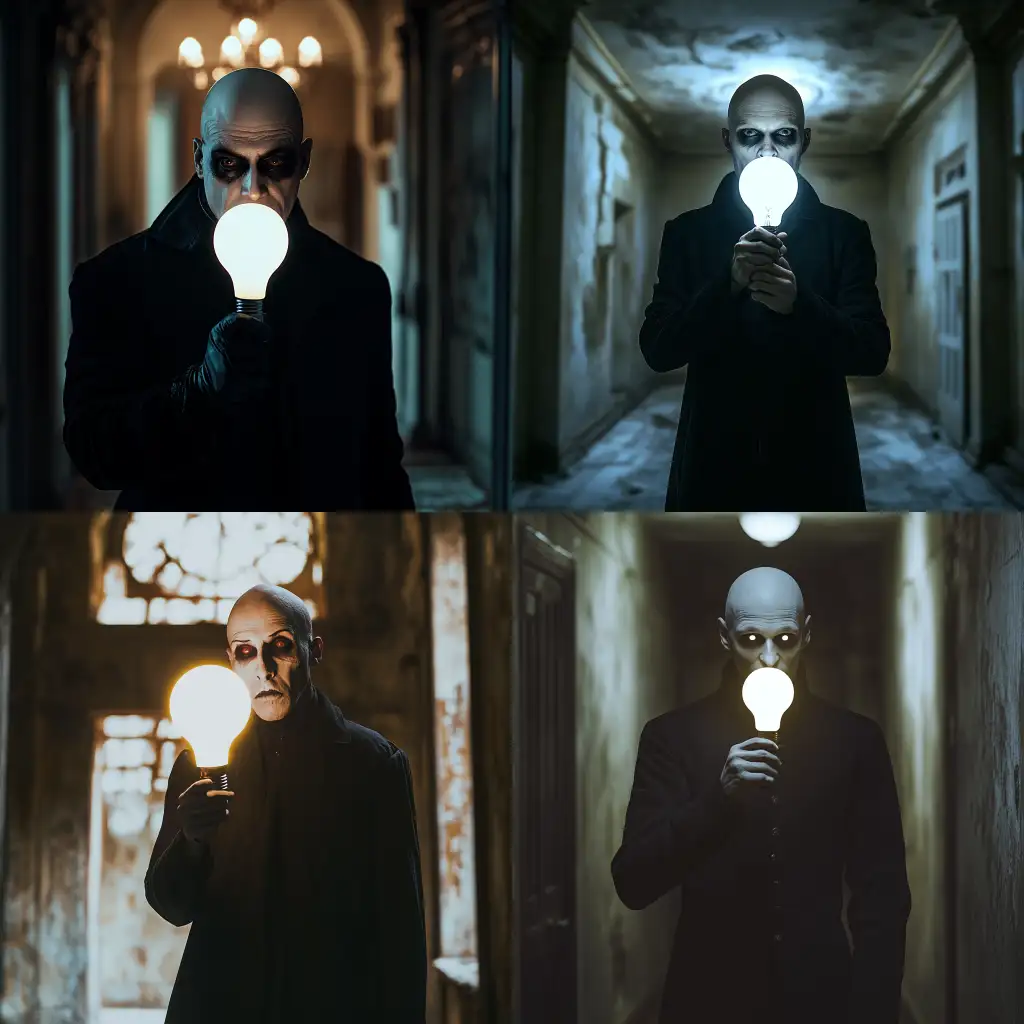 Eccentric-Gothic-Man-Holding-Glowing-Light-Bulb-in-Mysterious-Mansion
