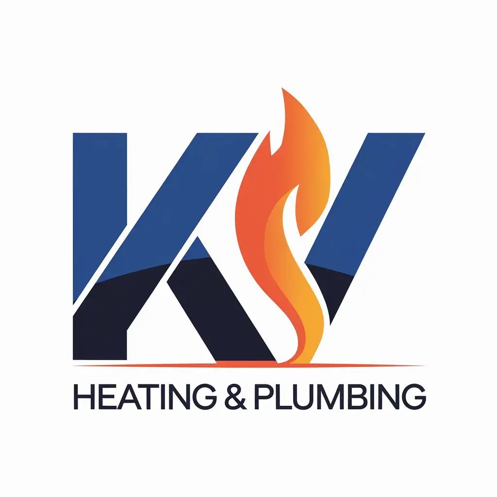 LOGO Design for KV Heating Plumbing Blue and Black with Flame Symbol Integrated in K