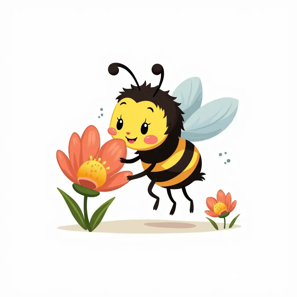 Cartoon-Bee-Sipping-Nectar-from-a-Flower-on-White-Background