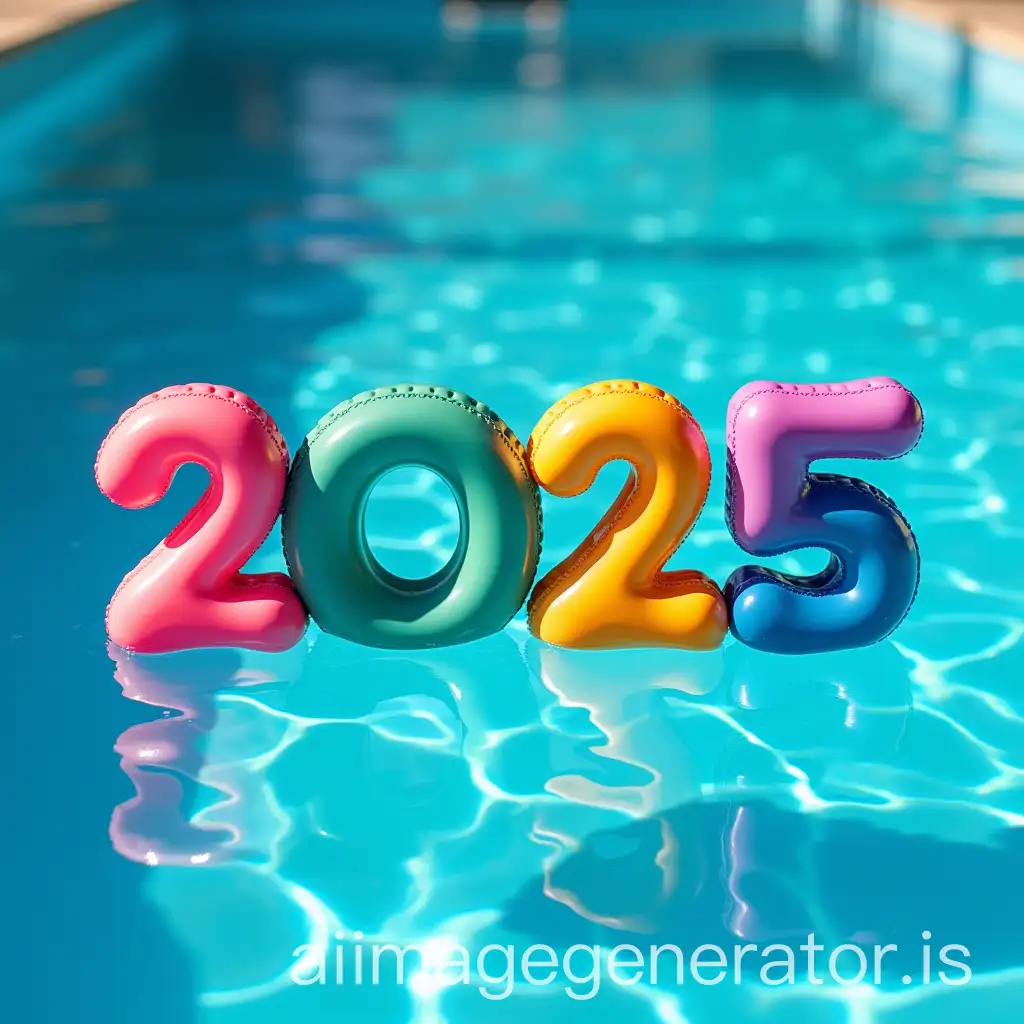 2025-Written-with-Colorful-Floating-Buoys-on-Pool-Water