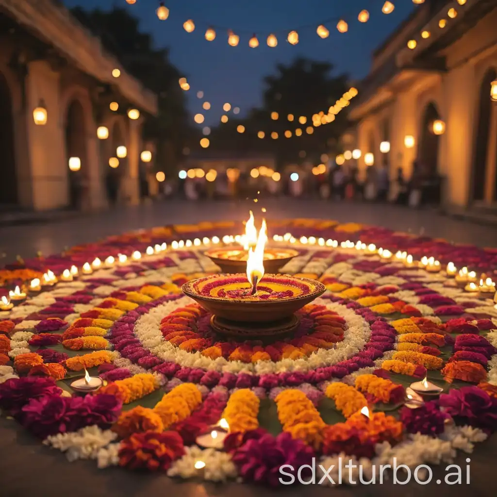 Vibrant-Diyas-and-Rangoli-Display