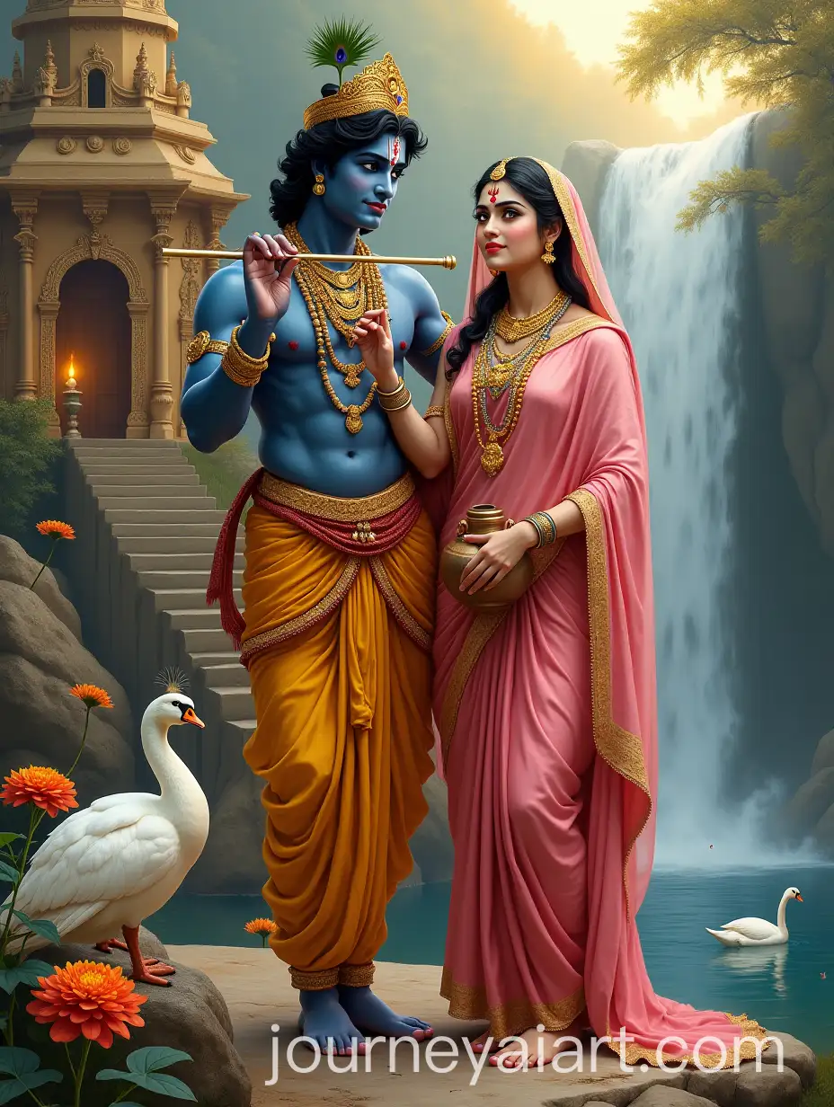 Radha-and-Krishna-in-Divine-Union-with-Golden-Flute-and-Lotus-Bud