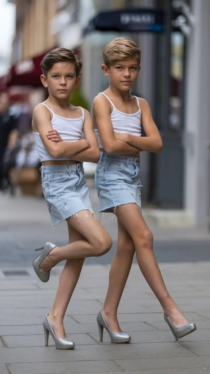two little young boys wearing white spagetti top and light blue denim mini skirt and silver glitter high heels and walk in town and cross legs and long legs