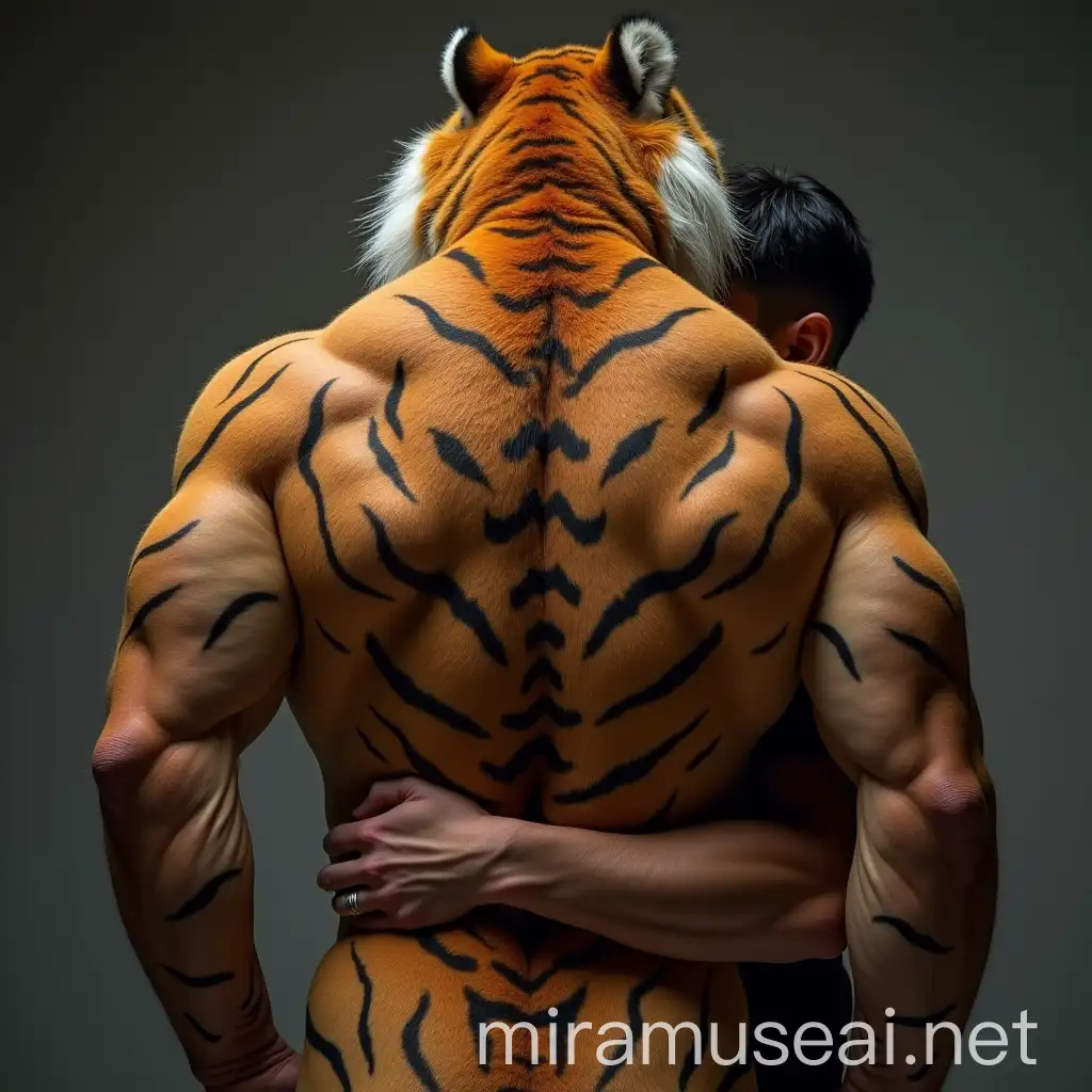 Man Embracing Muscular Furry Tiger in a Heartwarming Scene