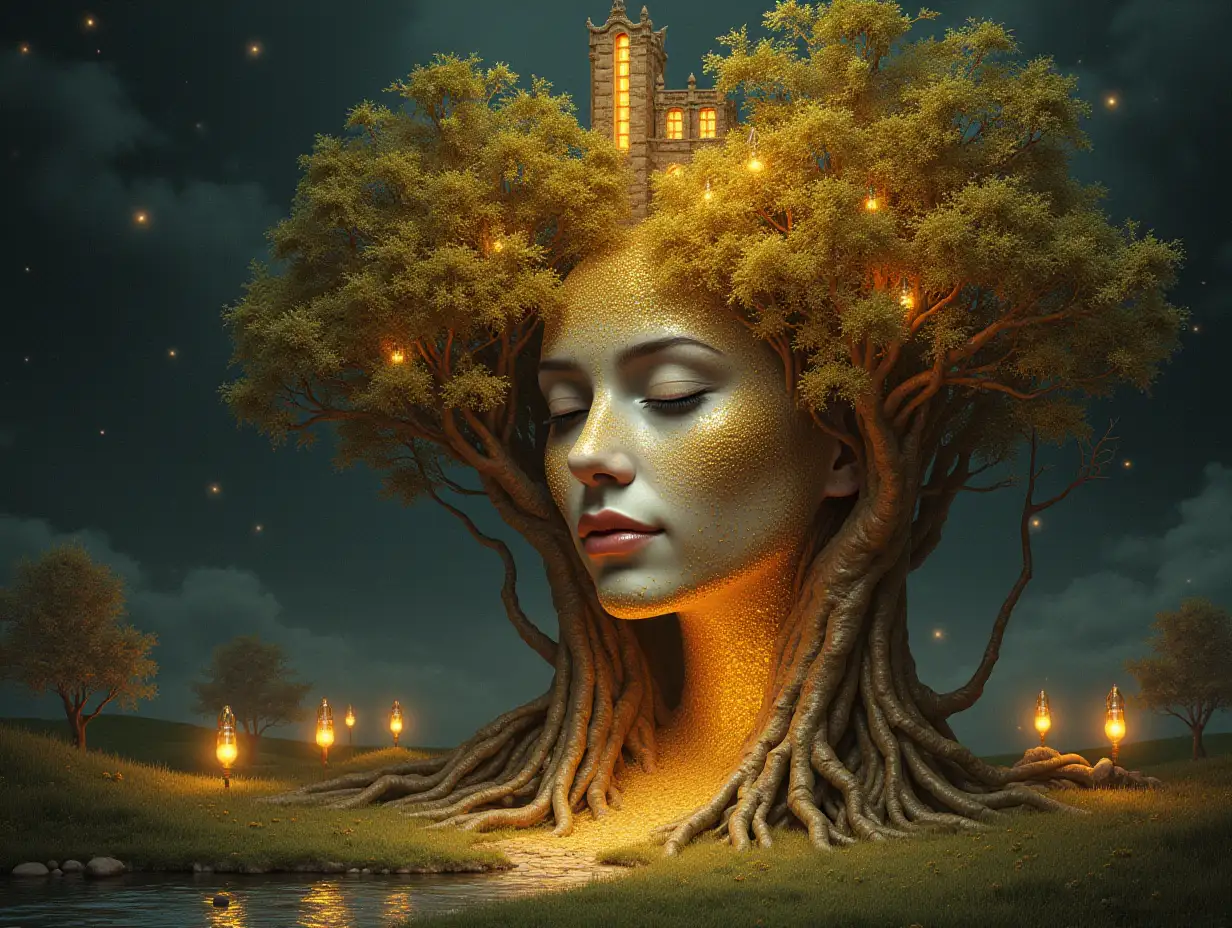 Creating a digital painting of a face with leuctkugel hair, that transforms into a building with gold stones and illuminated trees with golden roots and a river with floating light bulbs and lanterns and strange fairy creatures on a lawn