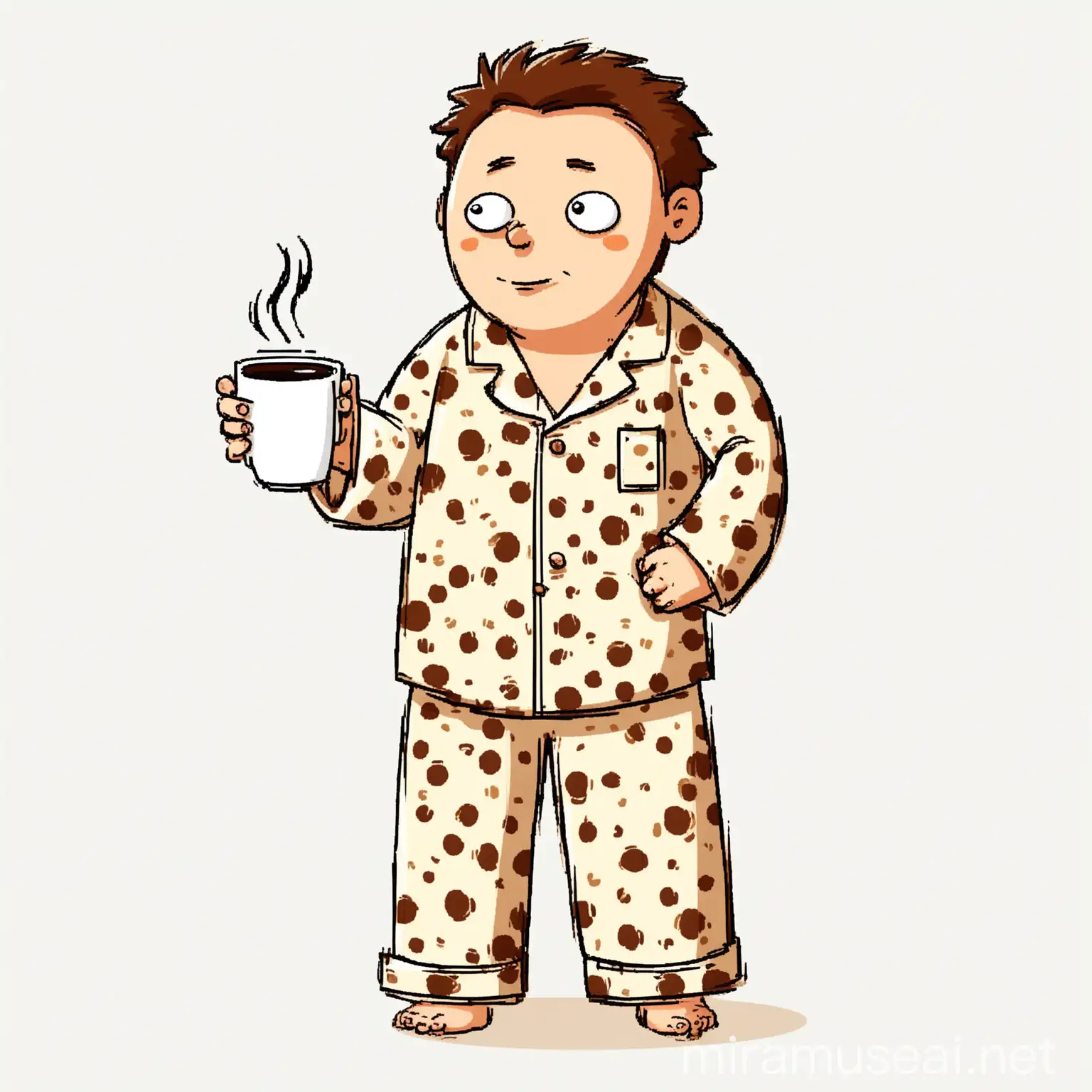 Cartoon Character in Pajamas with Coffee Cup on White Background