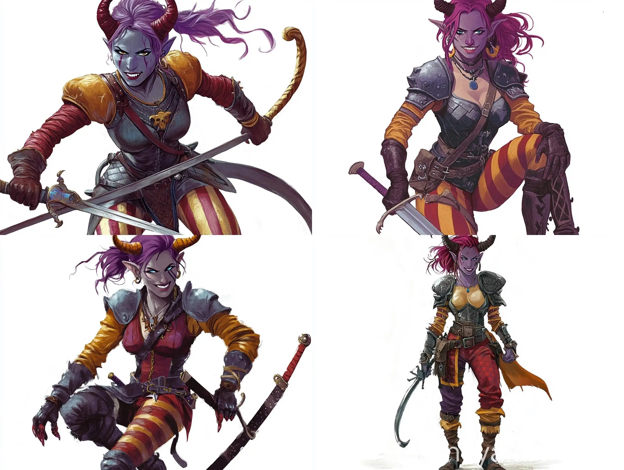 Tiefling-Female-Fighter-in-Jester-Armor-with-Dual-Swords