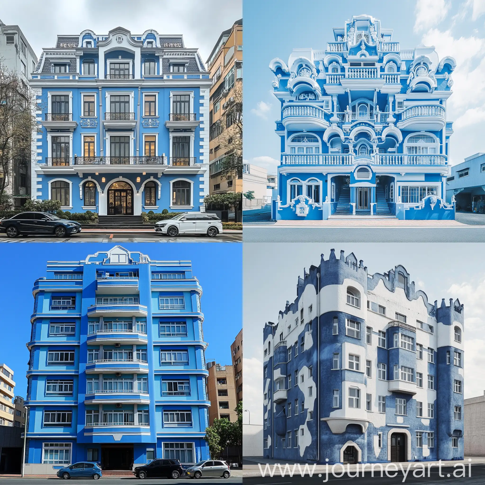 Urban-Residential-Building-with-Blue-and-White-War-Command-Department-Exterior