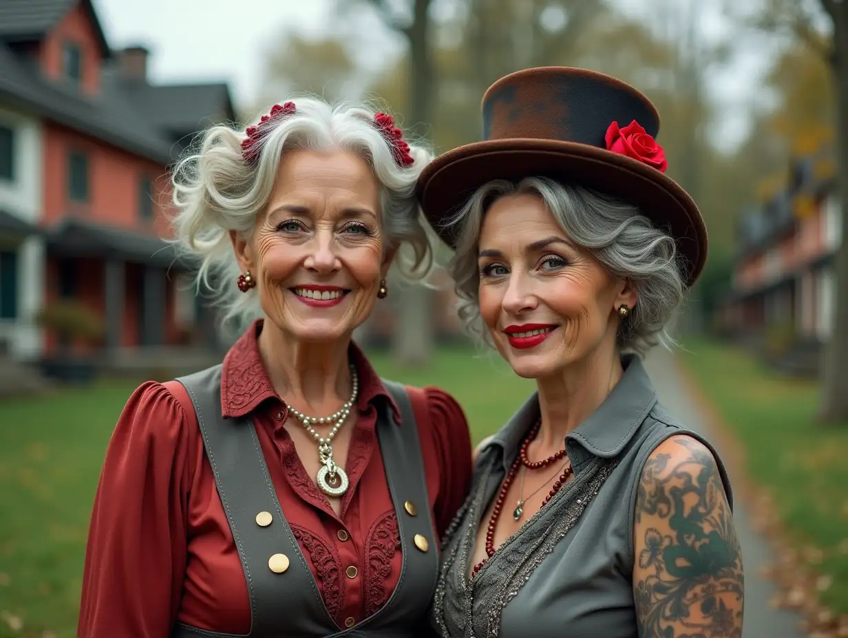 Two 80 years old, round with rusty and white hair, wearing a blouse in red and gray, a slight smile on the face, tattoos, with Retro Mini - Top hat Red lipstick underlines her smile, modern jewelry, and much more holding a pearl necklace in her hand, in a park with many houses Steampunk 8k quality