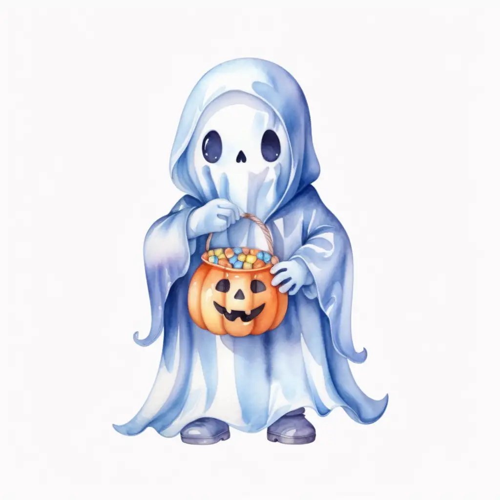 Cute Halloween Blue Ghost Holding Candy Bag