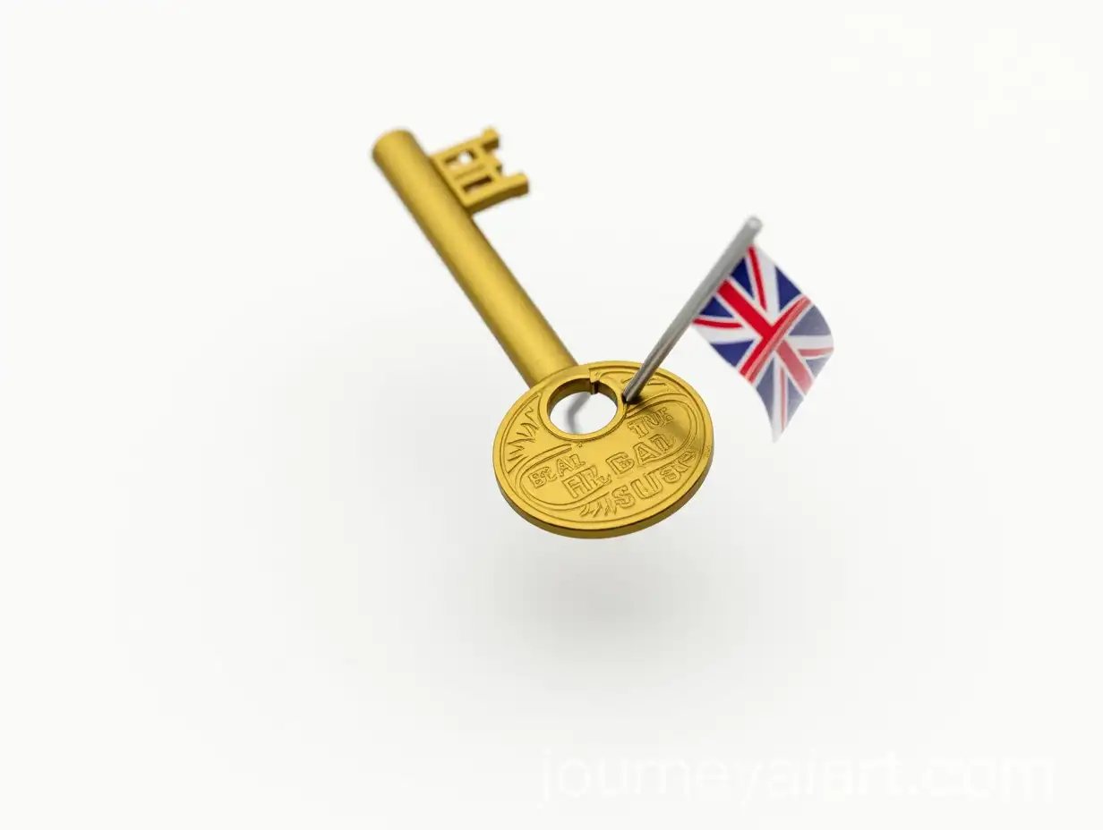 Floating-Golden-Key-Engraved-with-UK-Flag-on-White-Background