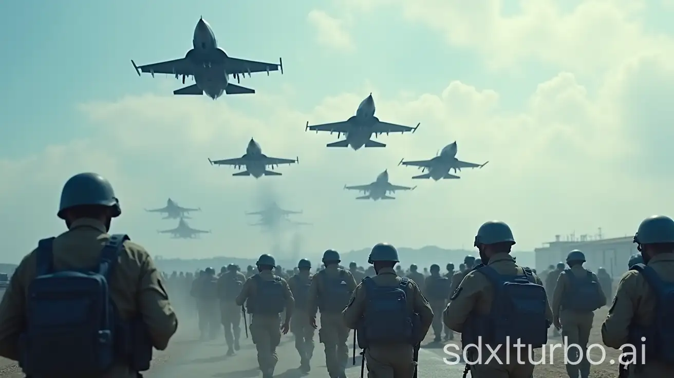 Skies with 10 fighter jets, hundreds of blue armed soldiers on the ground