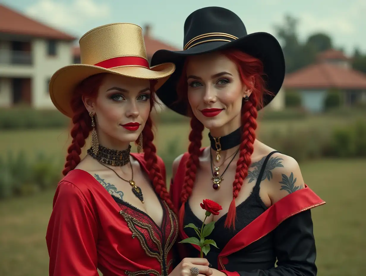 Two white, plump Pin-up girls aged 70 red braids wear a low-cut blouse mixed with red and black, with a light smile on their faces, Tattoos, golden top hat, red lipstick highlights their smiles, modern jewelry, black skin, and carnation in hand, in a park with many houses in Brazil Cyberpunk 8k quality