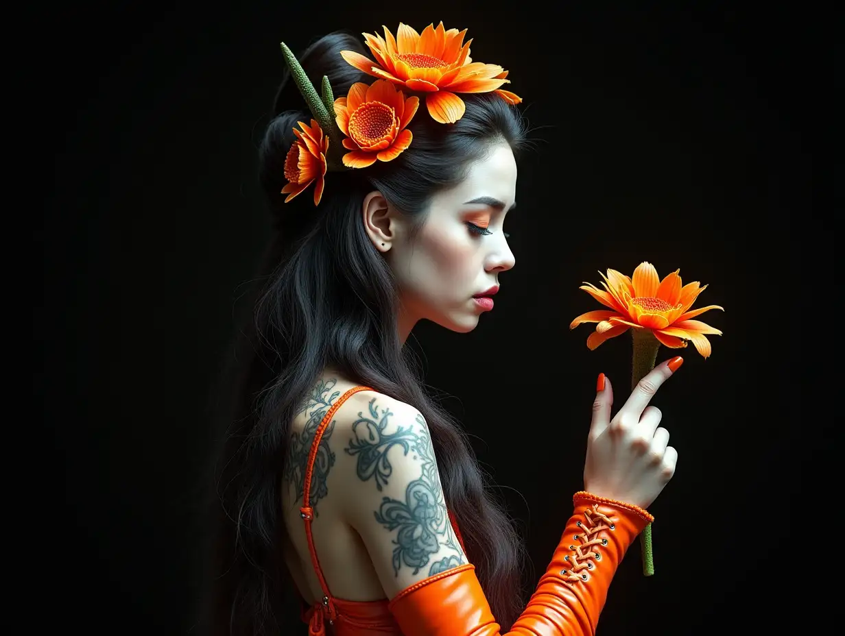 Depiction of a beautiful white woman with -tattoo, futuristic long black hair with orange braided and laced boots, holding in her hand a trompete flower with intricately detailed, colorful and futuristic jewelry. Blurred black background 120-mm shot