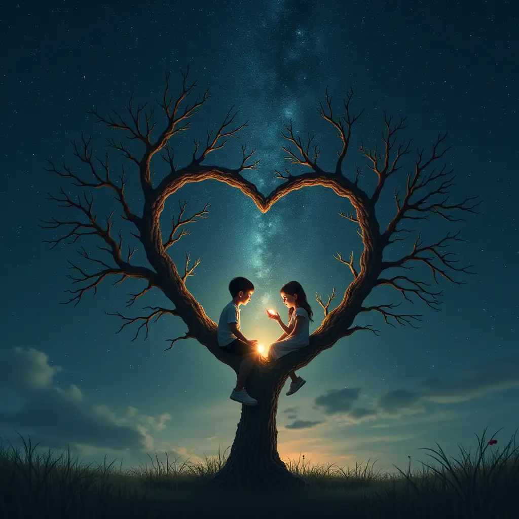 A little boy with glasses sitting on a tree, a girl with glasses sitting on a tree, under a starry sky, the space between them is a mathematical formula in the shape of a heart and its image, aspect ratio 2:1