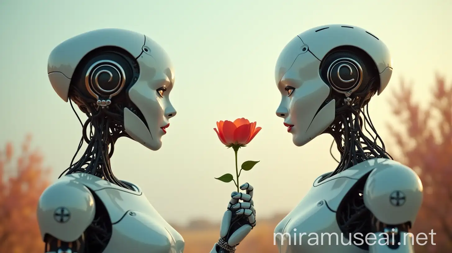 Robot Declaration of Love Male Robot Holding a Flower for Female Robot