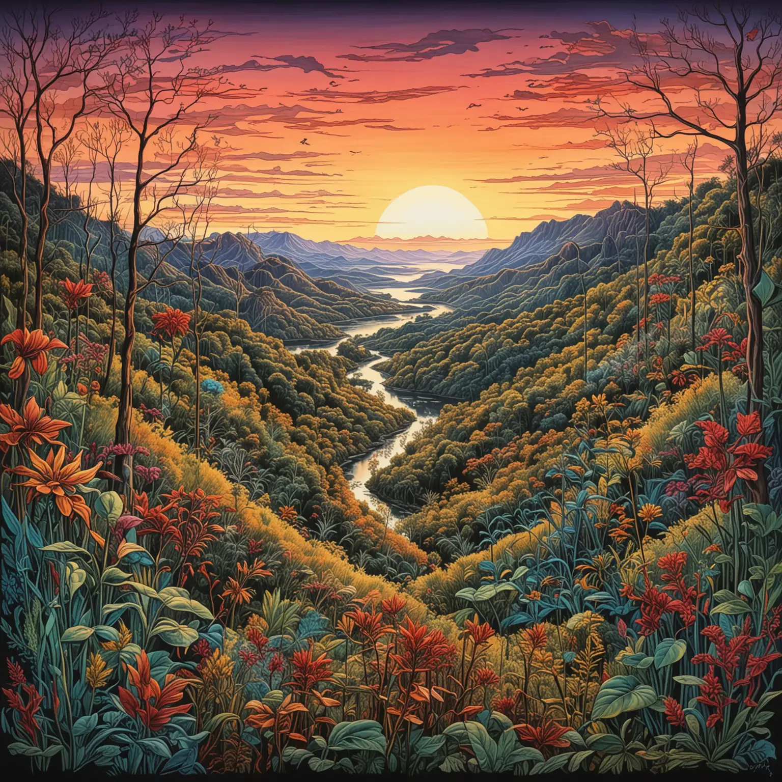 Surreal Line Drawing of Great Smoky National Park at Sunset with Native Plants and Animals