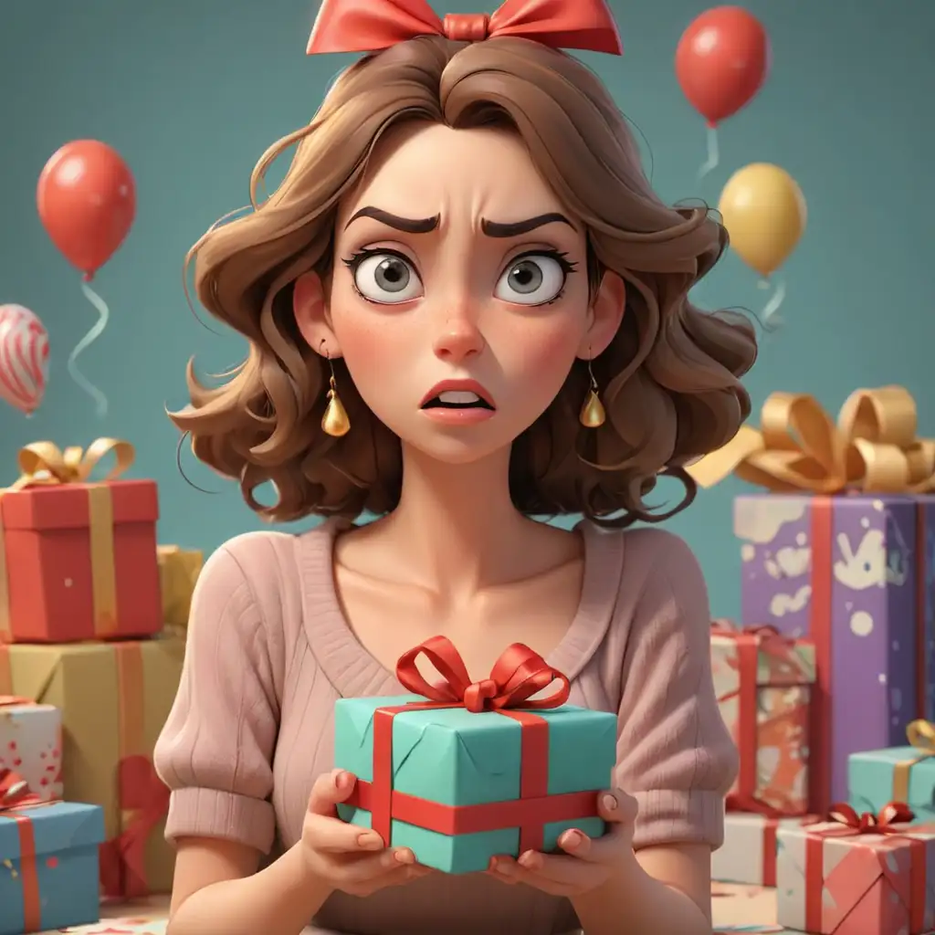 Cartoon-Woman-Unhappy-with-Birthday-Gift-Rolling-Her-Eyes-in-3D-Holiday-Setting