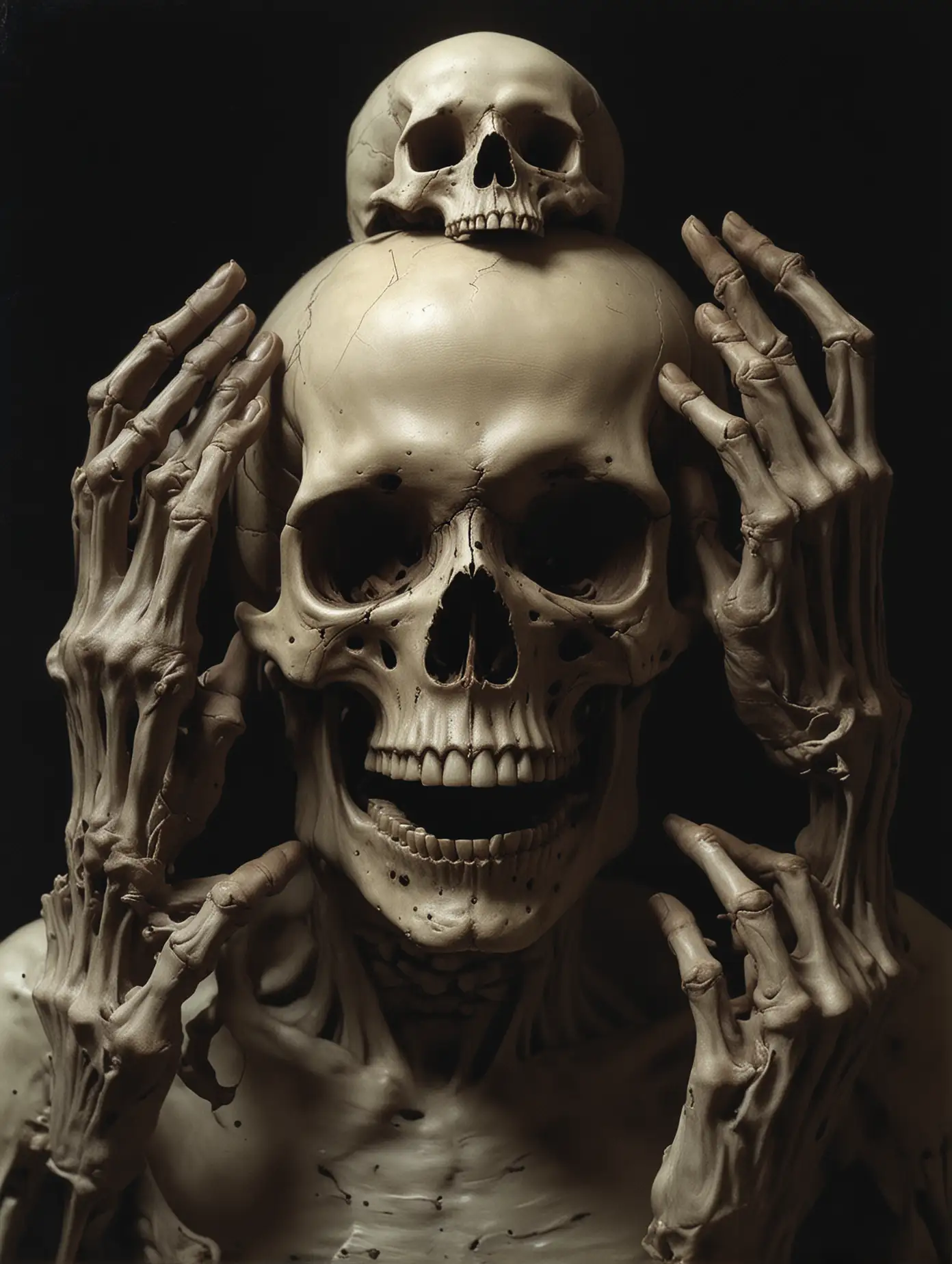 grotesque scary head, skeleton hands coming from behind the skull to grab it, dark background, horror, 1979s dark fantasy, style inspiration from michael sowa and artgerm lau, --ar 2:3 --v 6.0