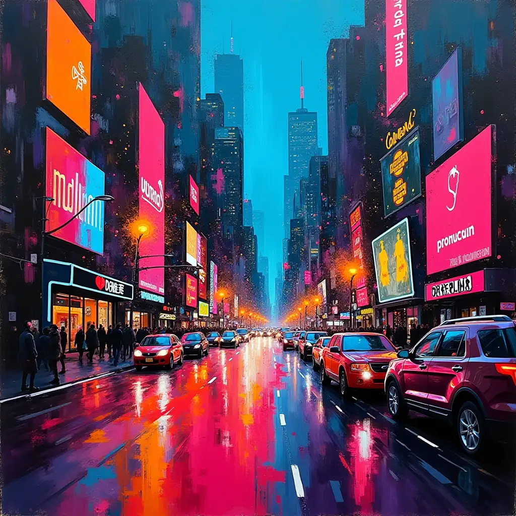 Neon City Life. A dynamic abstract cityscape bursting with vibrant neon colors and bold paint splatters. This art captures the energy and allure of city nights, blending urban architecture with a colorful, modern aesthetic