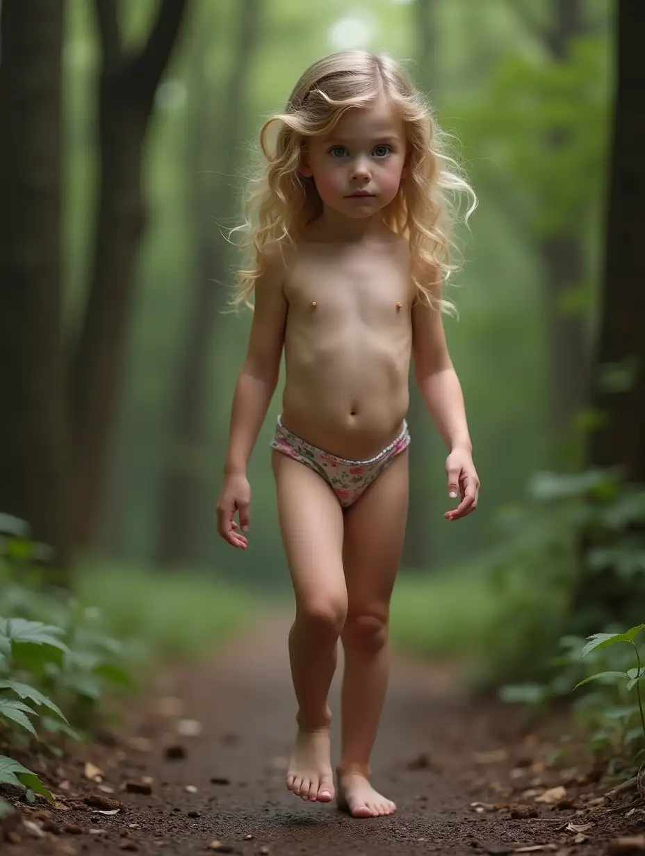 Slender-Little-Girl-Walking-Along-a-Forest-Path-with-Wavy-Hair-and-Blue-Eyes