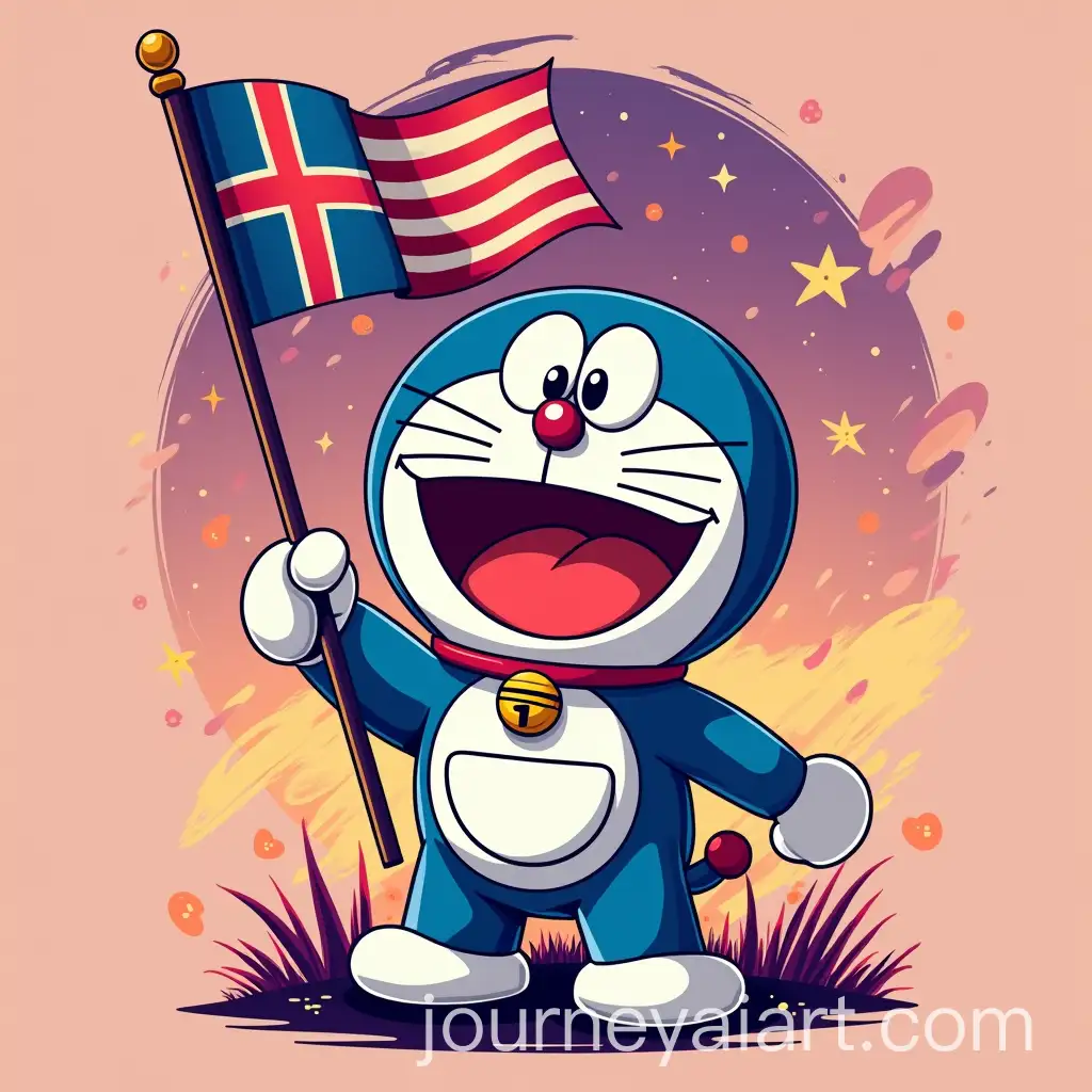 Doraemon-Holding-a-Flag-in-a-Vibrant-Art-Nouveau-Style
