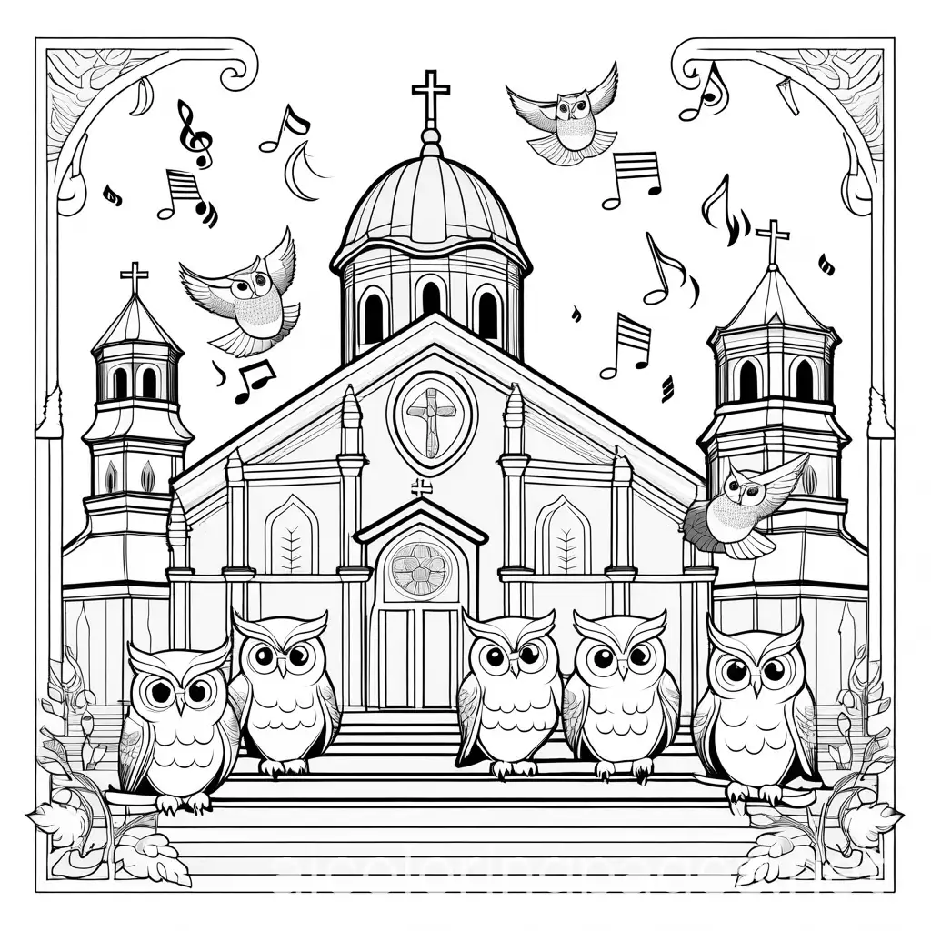 Whimsical-Owls-Dancing-and-Singing-Near-a-Church