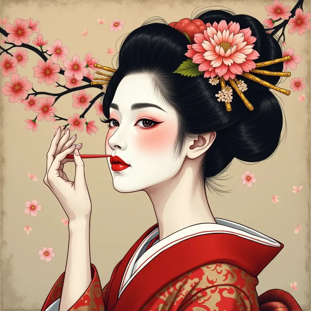 a Asian geisha portrait, 3/4 position of his head, liberty atmosphere. cherry blossom one flower , V7, acrilic painting