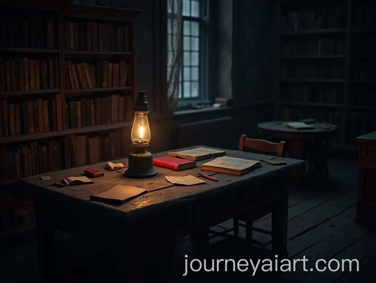 Old-Wooden-Table-with-Red-Book-and-Flickering-Gas-Lamp-in-Dimly-Lit-Room