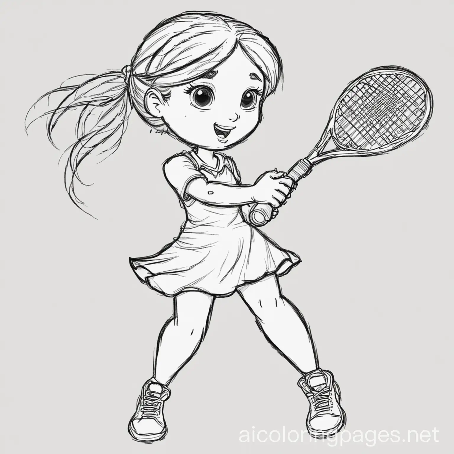 Female fly playing tennis, Coloring Page, black and white, line art, white background, Simplicity, Ample White Space. The background of the coloring page is plain white to make it easy for young children to color within the lines. The outlines of all the subjects are easy to distinguish, making it simple for kids to color without too much difficulty
