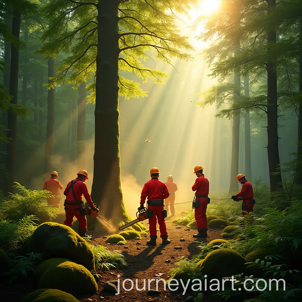 Foresters-Cutting-Tree-in-Sunlit-Forest-with-Vibrant-Greenery-and-Magical-Atmosphere