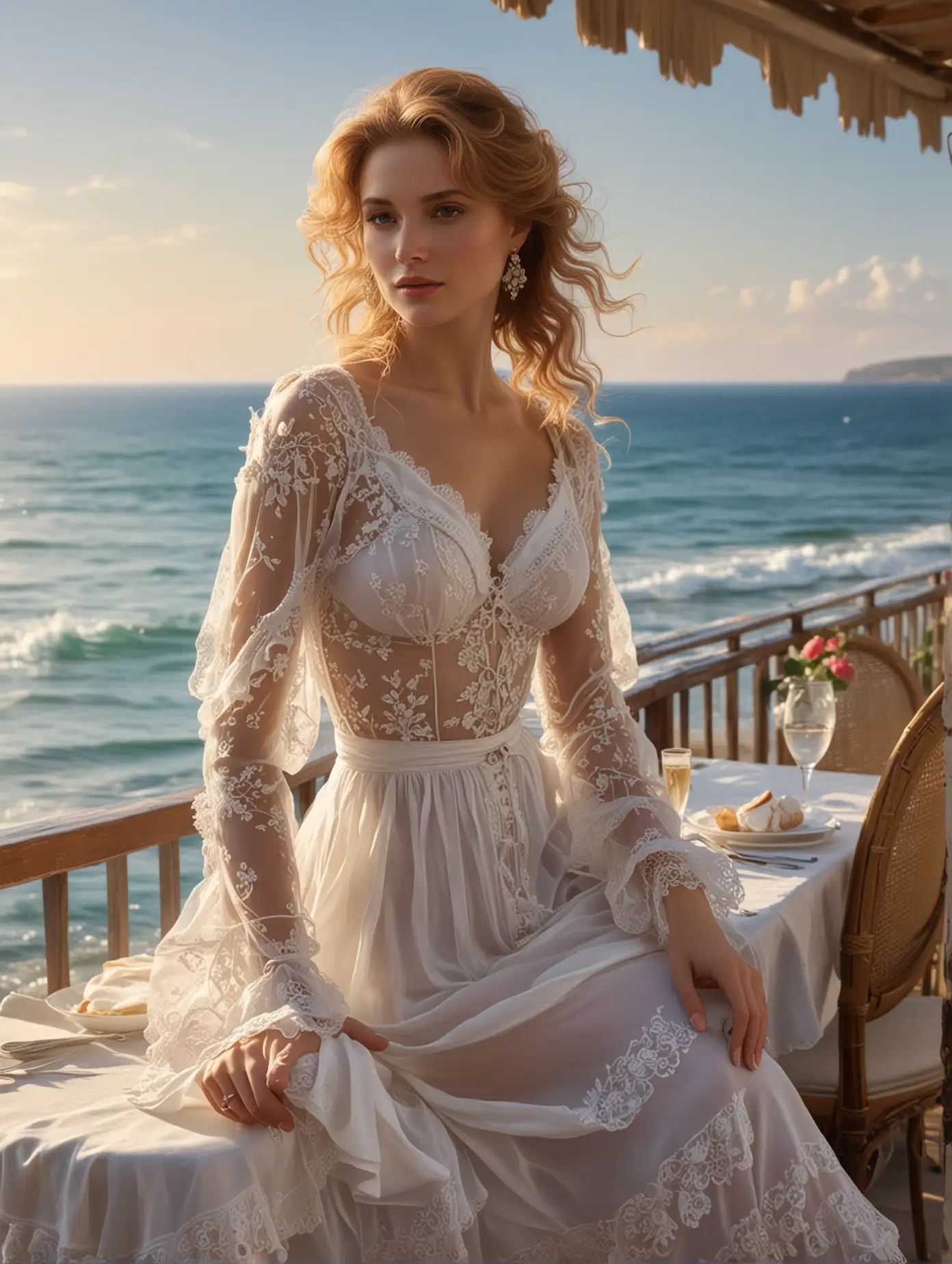 Luxurious-Russian-Aristocrat-Posing-at-Seaside-Cafe-in-Elegant-Dress