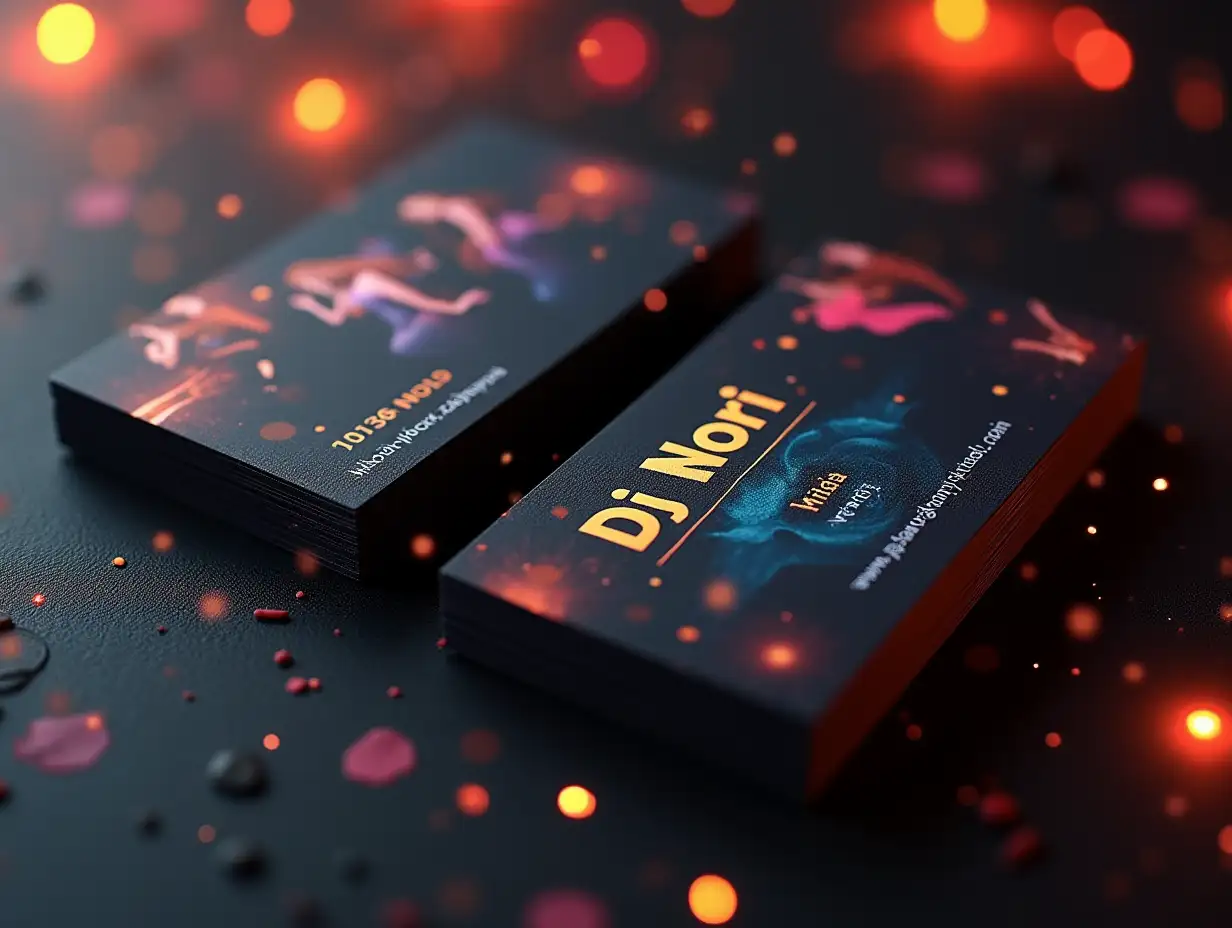 A business card that says 'DJ NORI' is a DJ's card and should have a black background and pictures of people, music, and joy in the background.