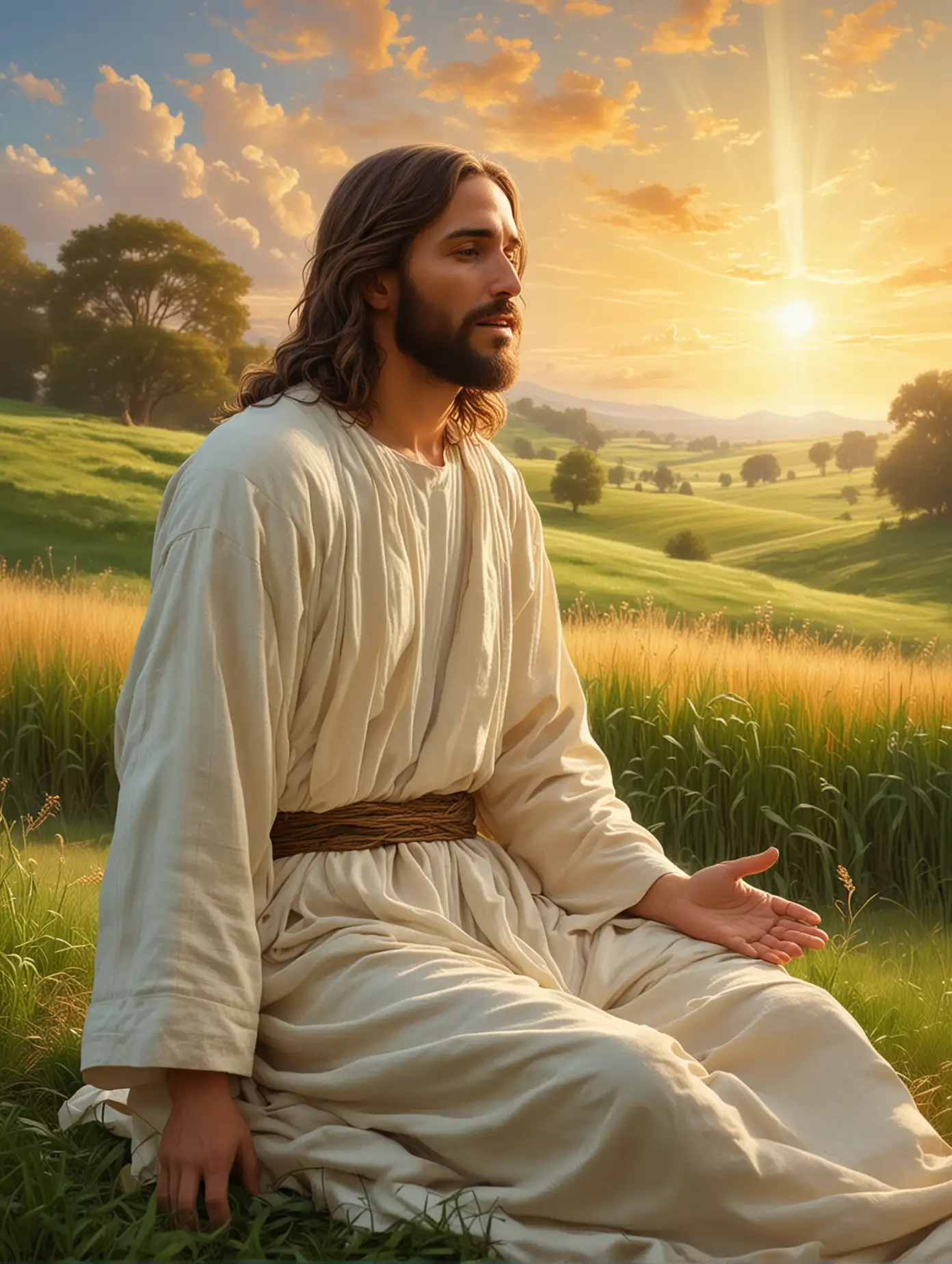 An illustration of Jesus healing a sick person. Jesus is shown as a compassionate figure with a gentle expression, standing in a calm outdoor setting. His hand is extended toward a person who appears weak and ill, sitting or lying down, showing a look of relief and gratitude. There are warm, glowing colors around them to represent hope and peace. Background includes soft green fields and a warm, blue sky, capturing a peaceful and serene atmosphere. Style is simple and respectful, with soft, warm tones.