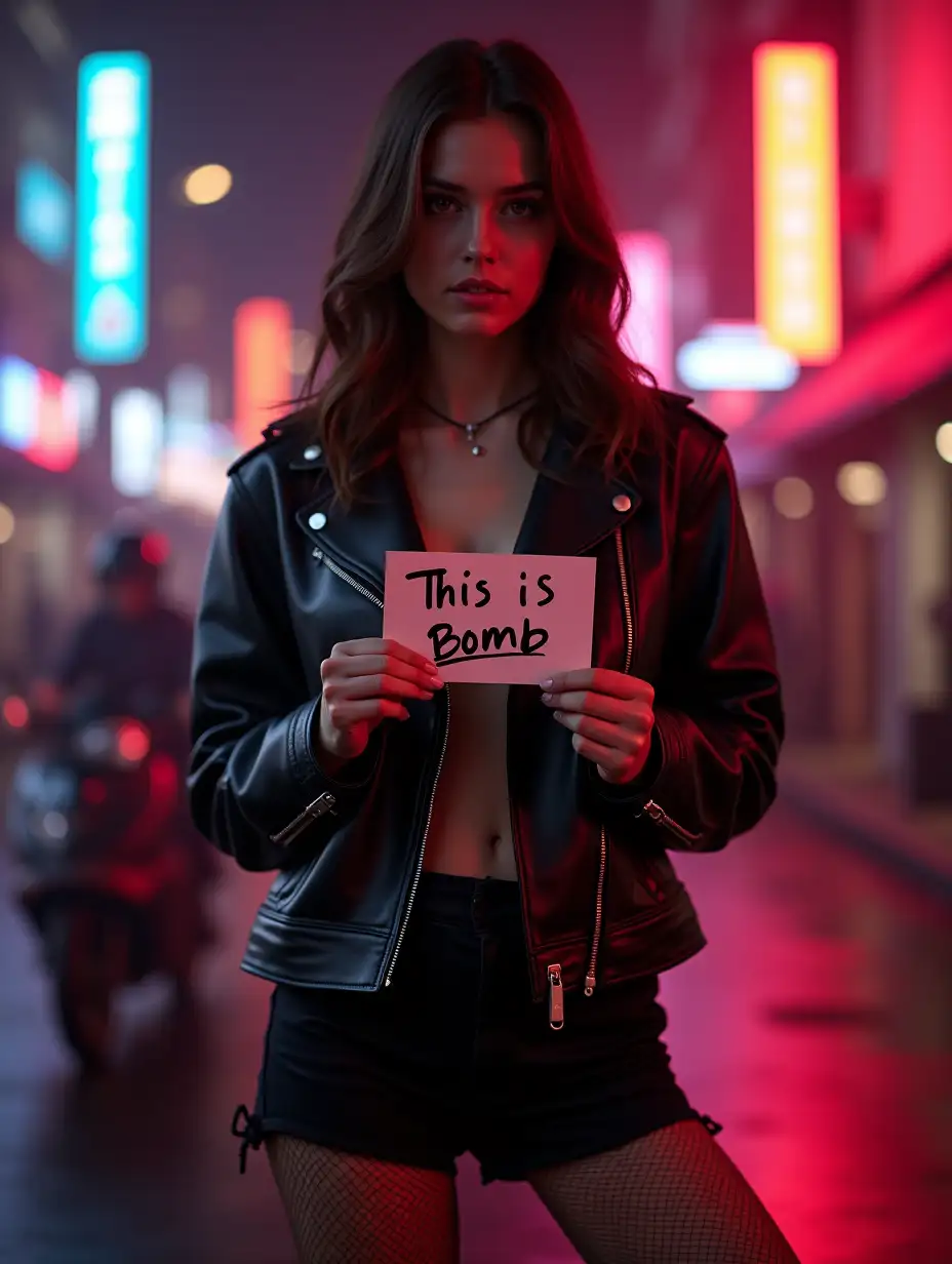 brunette girl, model posing, cyberpunk, leather jacket, neon lights, street background, smooth perfect legs, holding a leaf of paper in hands with text 'This is Bomb'