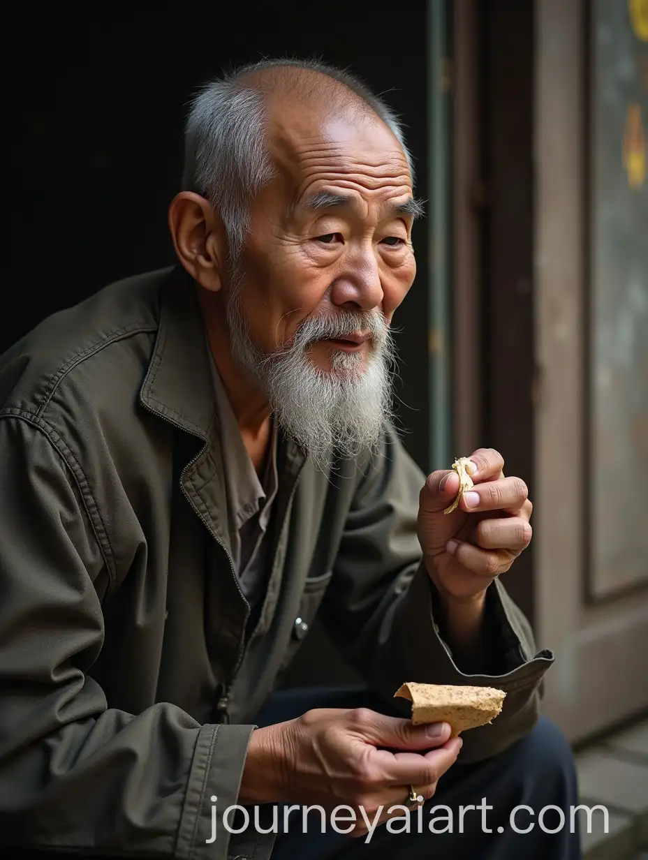 Old-Chinese-Man-Holding-Folded-Paper-in-Tattered-Clothes