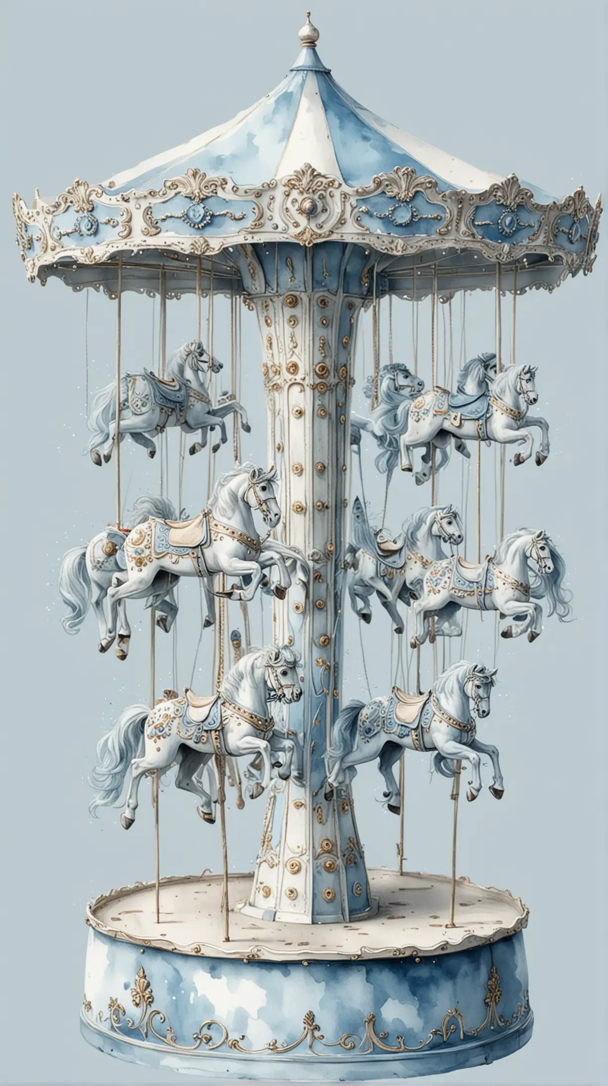 Dreamy Dusty Blue Watercolor Drawing of a White Carousel