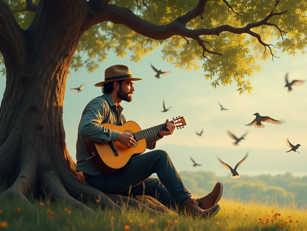 Man is playing music, under tree, full of birds