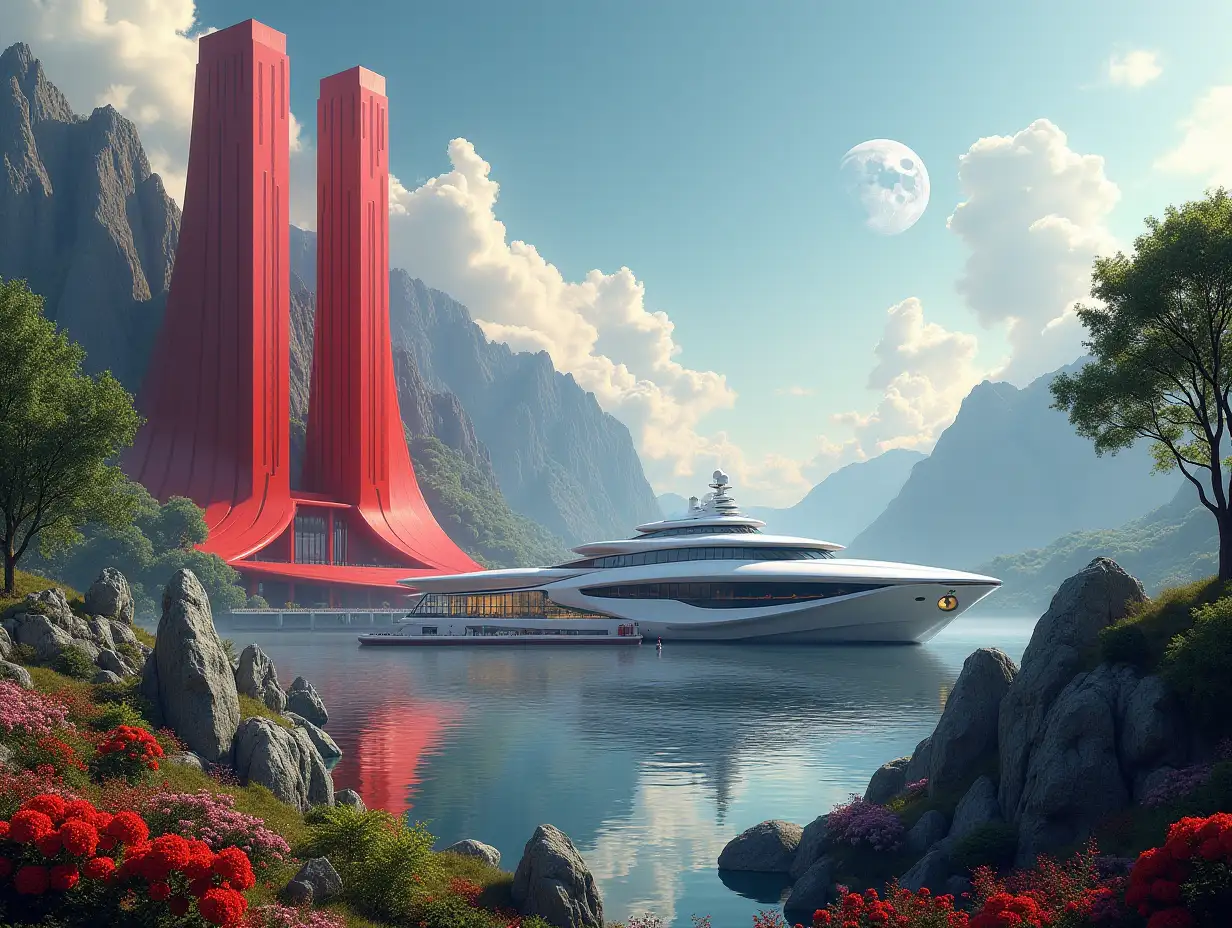 Create a high-resolution realistic image in 4k resolution of a futuristic red building with silver towers and curved high pillars, valley with large trees, rocks, flowers, a huge futuristic yacht with glass windows, cloudy sky with moon