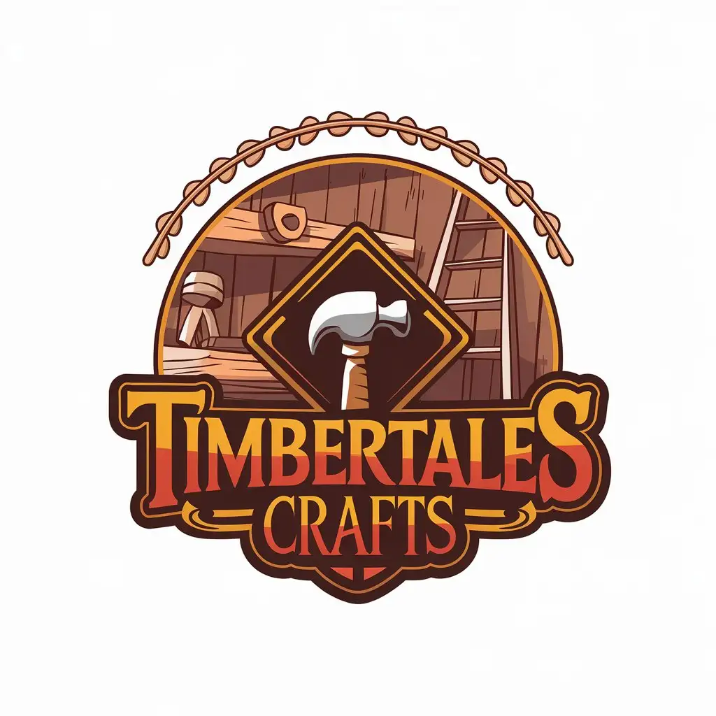 LOGO Design for TimberTales Crafts Vector Logo with Hammer Symbol and Diamond Shape