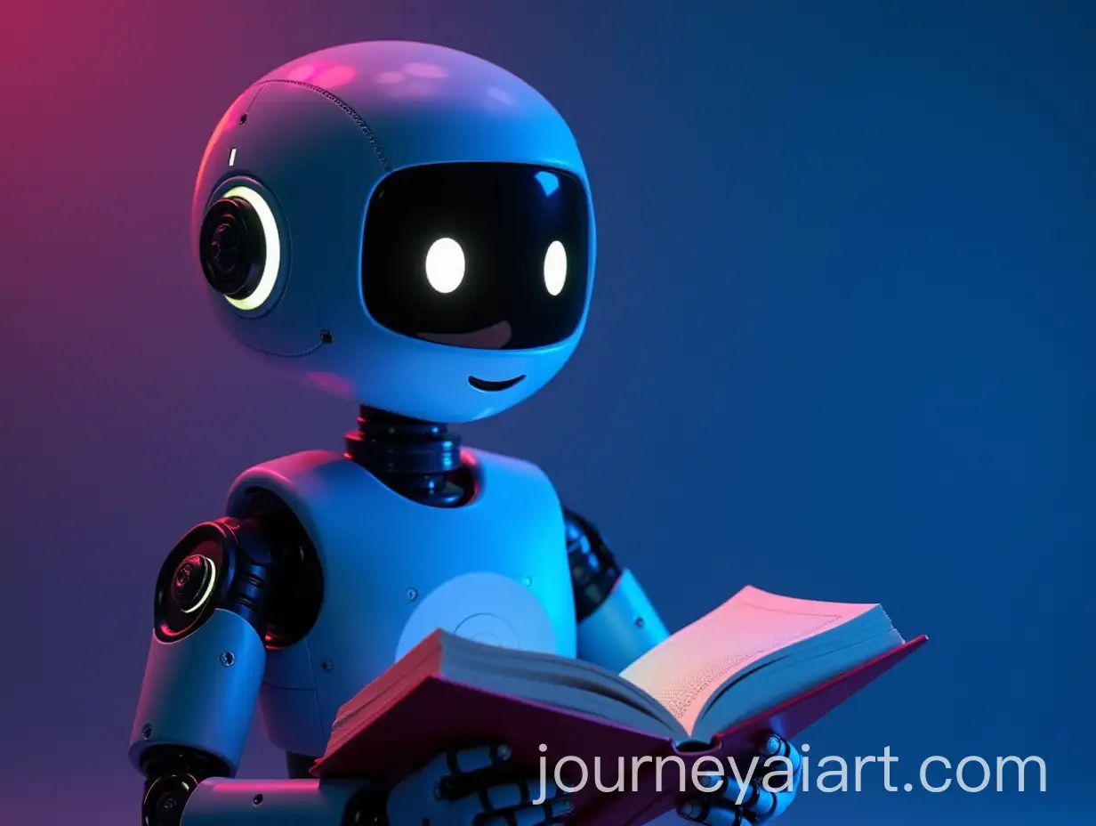 Robot-AI-Working-with-Book-in-Blue-Neon-Rainbow-Tones