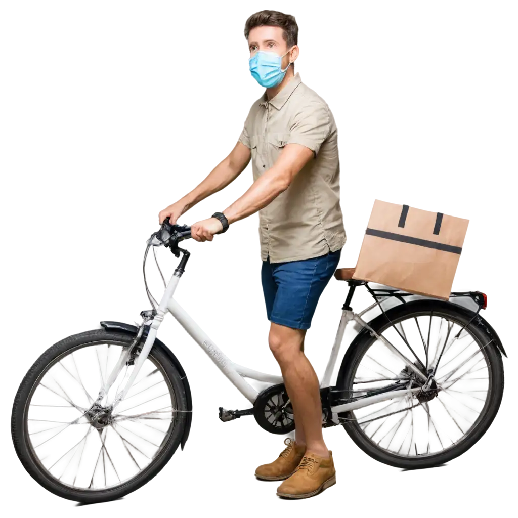 Full-Body-Deliveryman-in-Face-Mask-with-Bicycle-PNG-Image-Isolated-on-White-Studio-Background